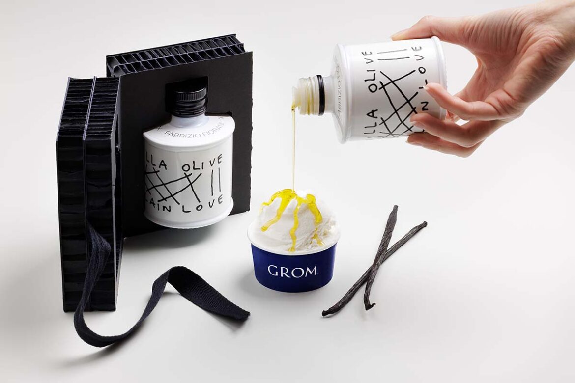 GROM Bianco e Oro: gelato al fiordilatte con colata di olio extravergine d'oliva e bacche di vaniglia