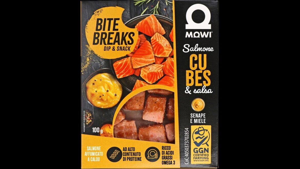 Mowi Salmon Cubes & Salsa 100g, cubetti di salmone affumicato a caldo con salsa senape e miele, certificazione GGN