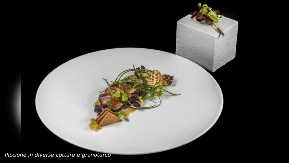 Piccione in diverse cotture e granoturco, piatto del menu 8 Elementi dello Chef Marcello Corrado al The Tasting Room di Villa Eden, Merano