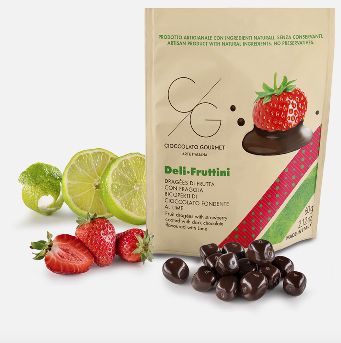 Confezione di Deli.Fruttini Cioccolato Gourmet al gusto fragola e cioccolato fondente al lime con ingredienti freschi.