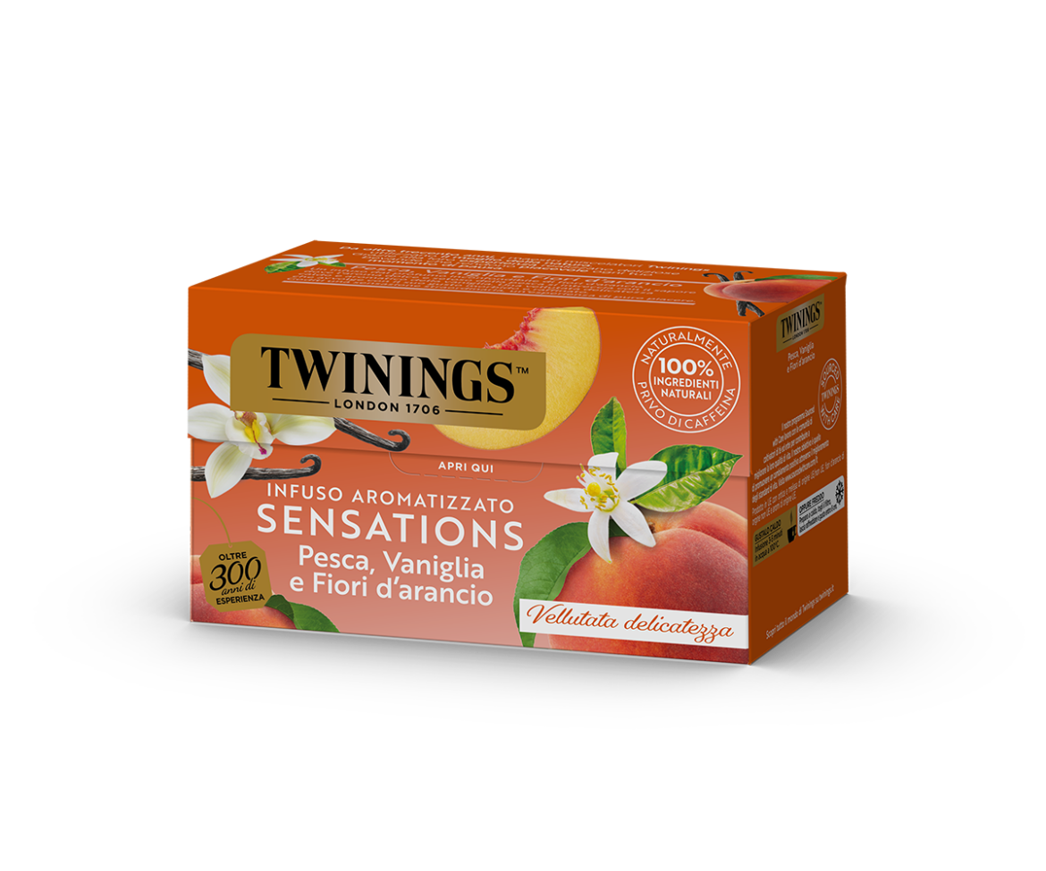 Confezione Twinings Infuso aromatizzato Sensations Pesca, Vaniglia e Fiori d'arancio, 20 filtri, 100% ingredienti naturali, privo di caffeina