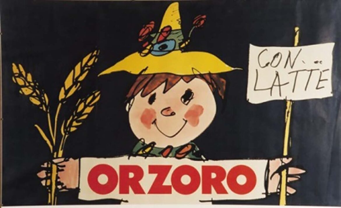Storica pubblicità Orzoro con personaggio bambino e spighe di orzo