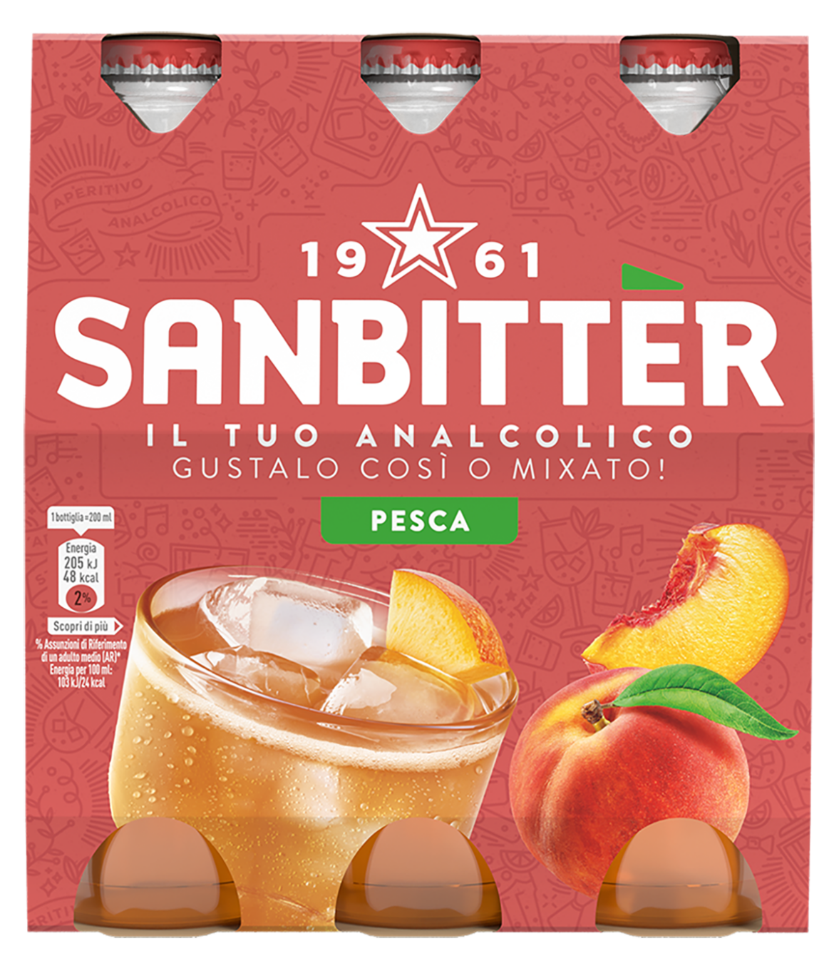 Cluster 3 bottiglie Sanbittèr gusto pesca 20cl con bicchiere e frutto fresco