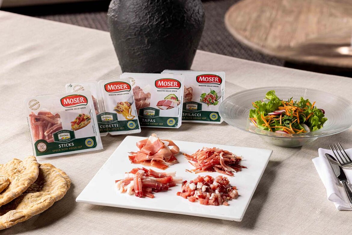 Speck Alto Adige IGP Moser di Naturno, fetta e baffa intera