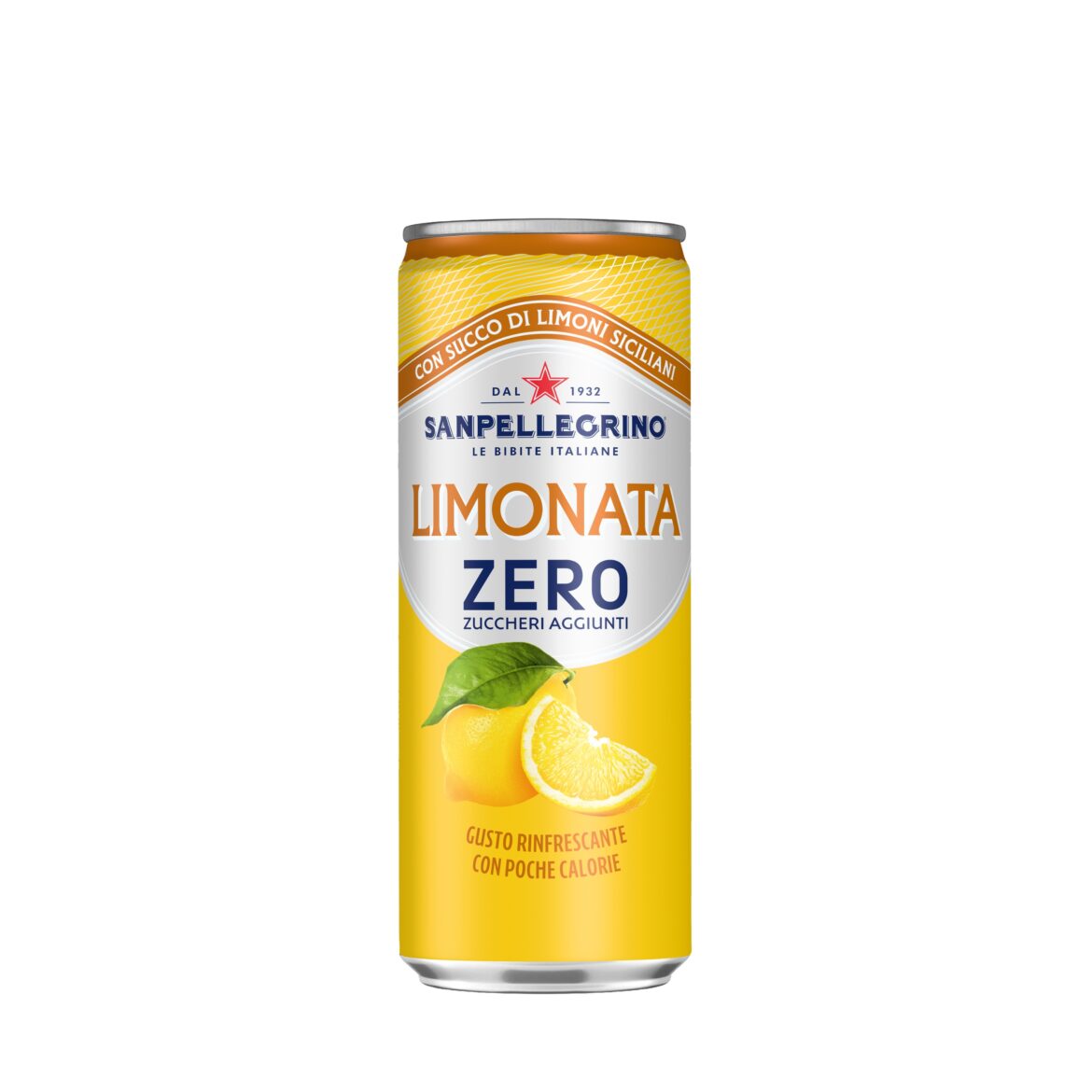 Lattina di Limonata Zero Sanpellegrino realizzata con succo di limoni siciliani.